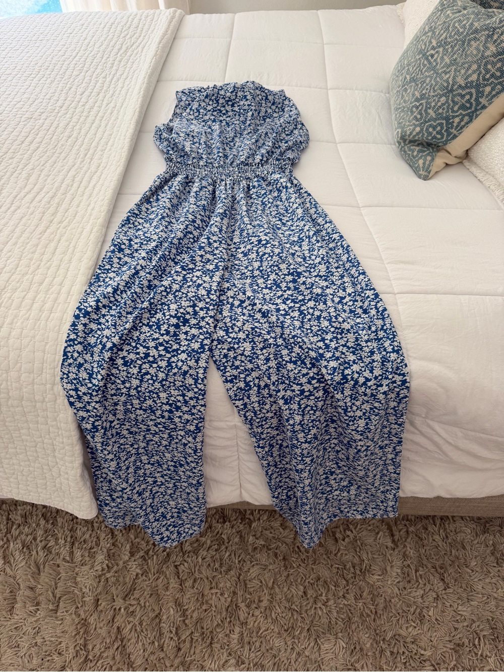 Source Unknown Blue Floral Smocked-Waist Jumpsuit